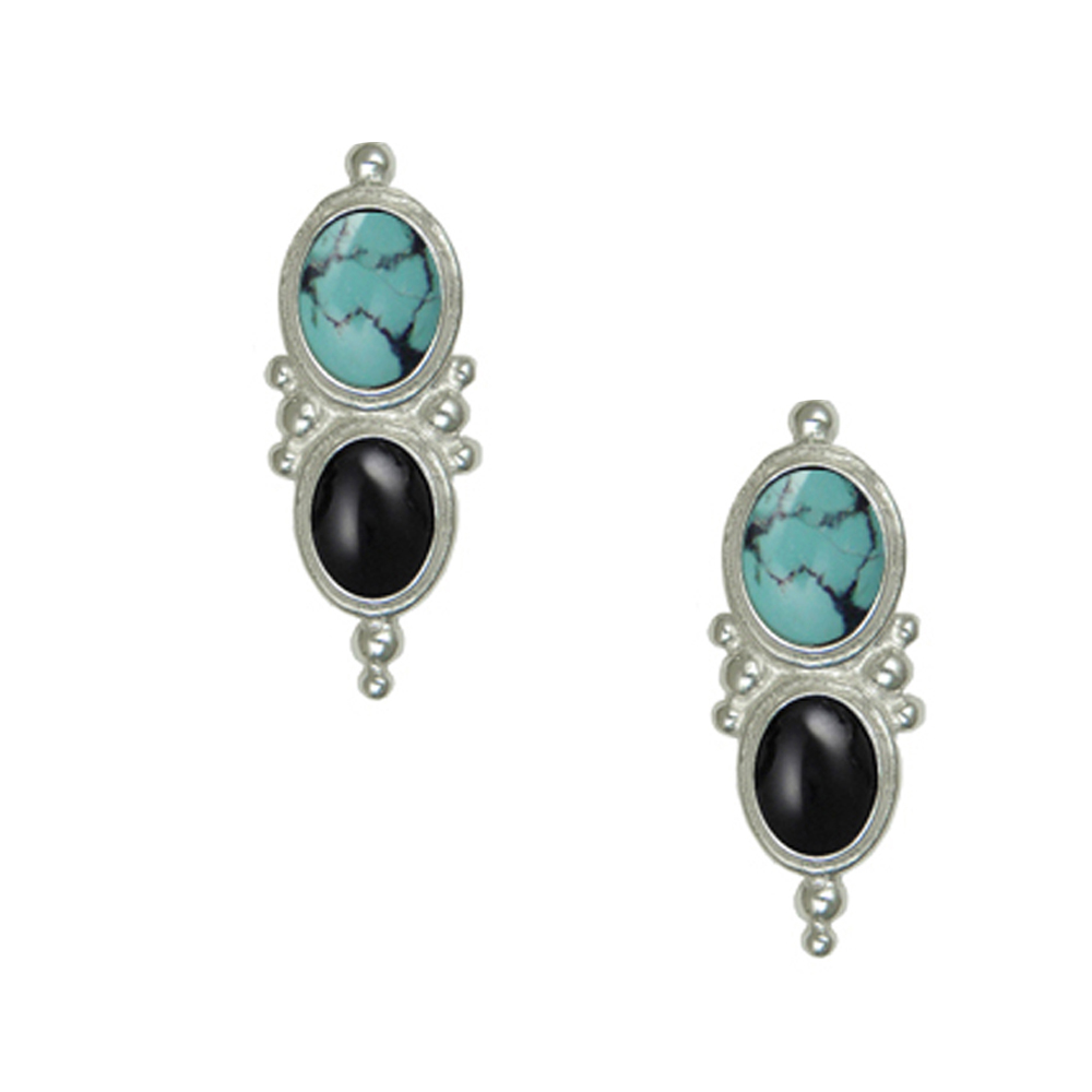 Sterling Silver Drop Dangle Earrings With Chinese Turquoise And Black Onyx